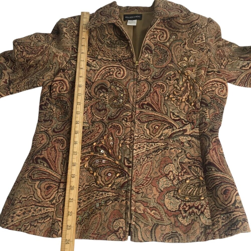 Ellen Figg Jacket Womens Small Brown Paisley Tapestry Zip Beaded Sequin Lined